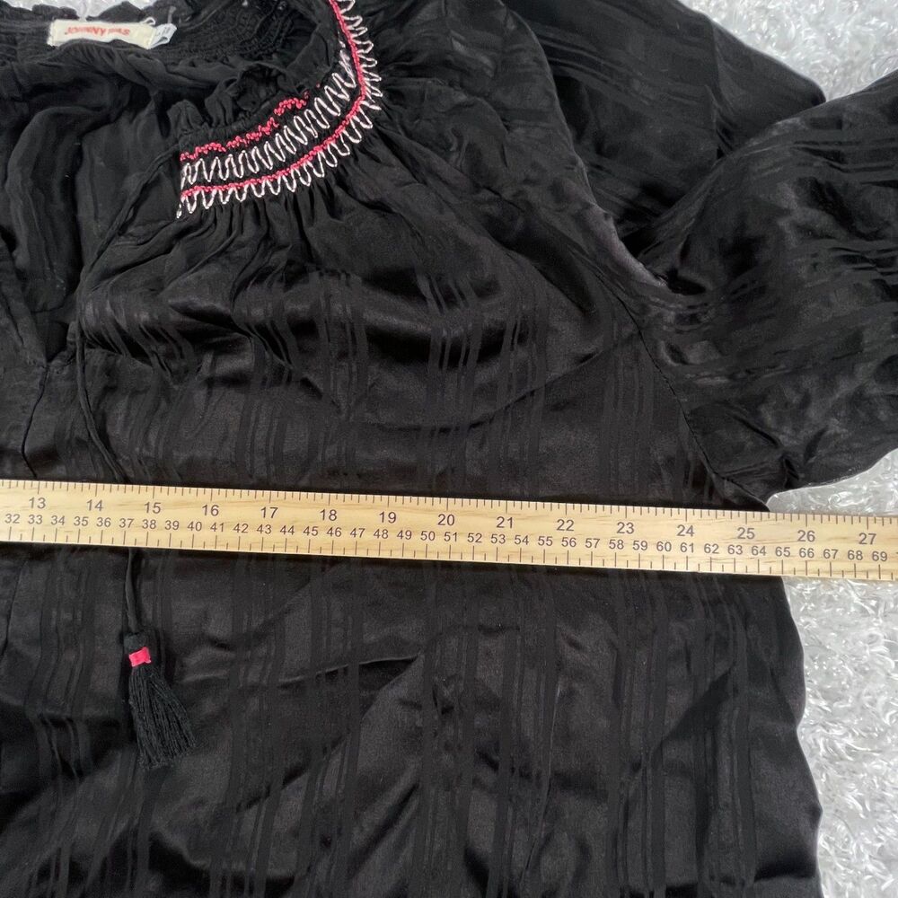 Johnny Was L Silk Zig Zag Embroidered Blouse Black Tassels Boho Peasant Top Luxe - Picture 9 of 14